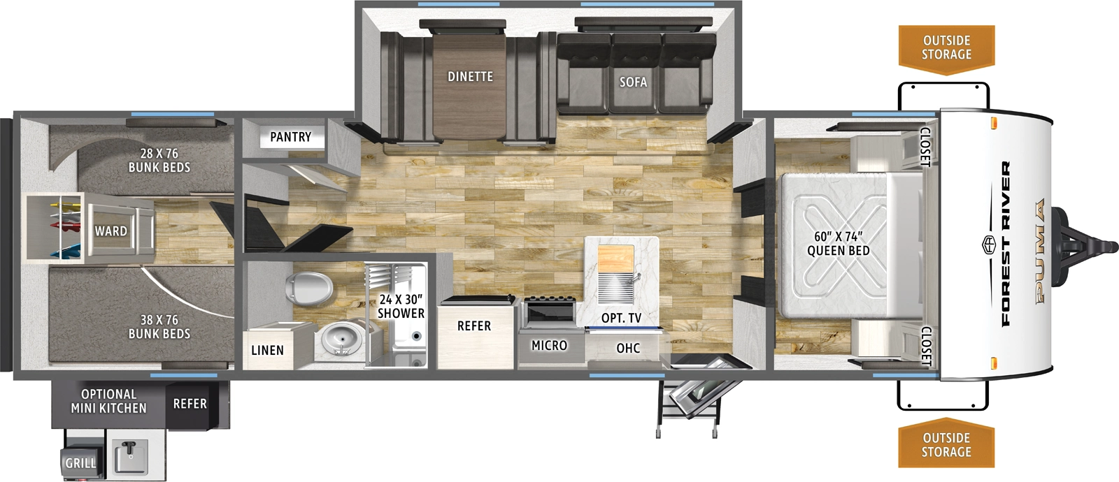 The Puma Camping Edition 304BHCE floorplan has one entry and one slide out. Exterior features include: metal exterior, 15' awning and outside kitchen. Interiors features include: bunk beds and front bedroom.